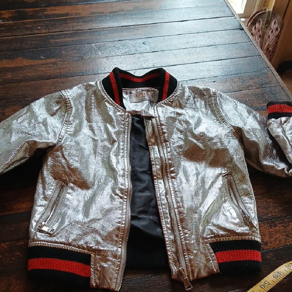 Shiny Silver Kids Jacket with Black and Red Trim